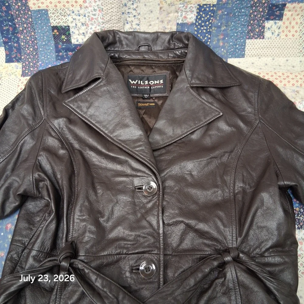 Vintage Wilsons Leather Trench Coat Womens Large Dark Brown Belted Thinsulate